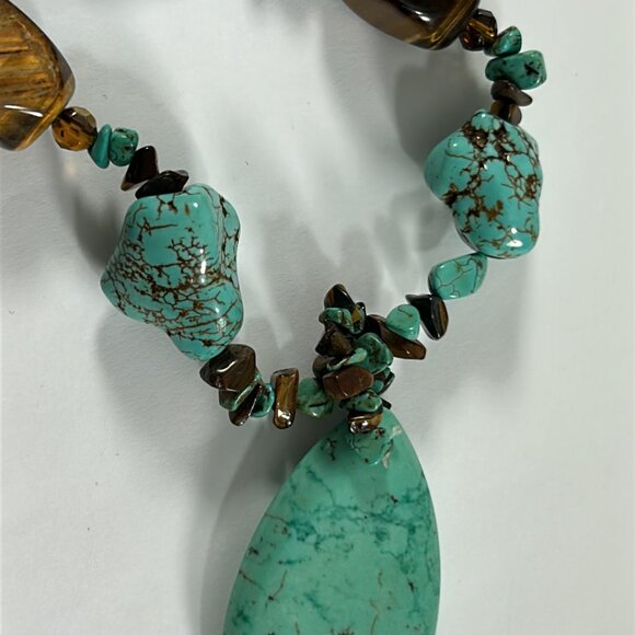 Faux Turquoise Stone Beaded Teardrop Pendant Necklace Chippy Chunky Southwestern - Picture 7 of 8